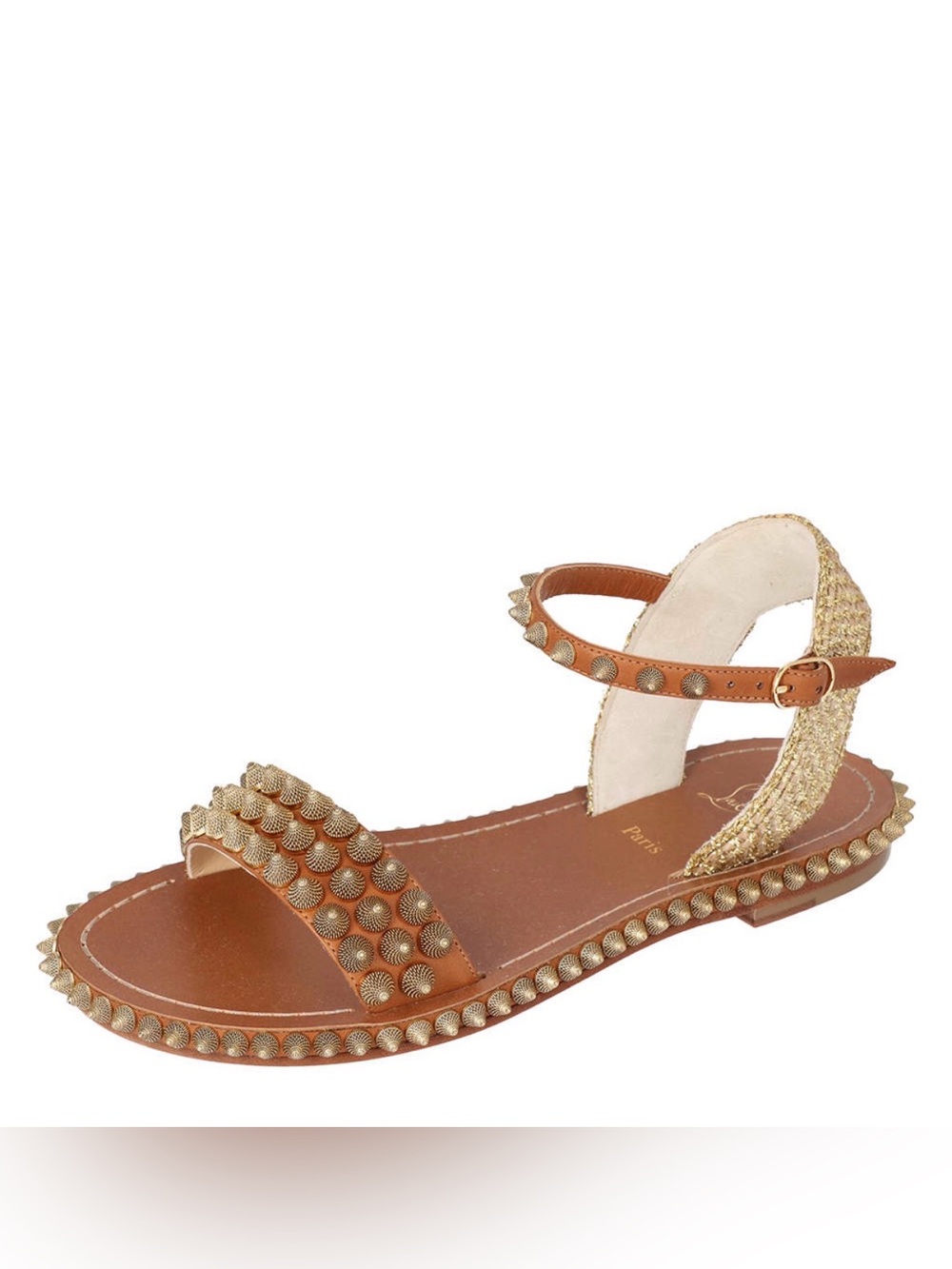 Christian Louboutin Brown Leather Studded Flat Sandals with Gold Spikes size 40